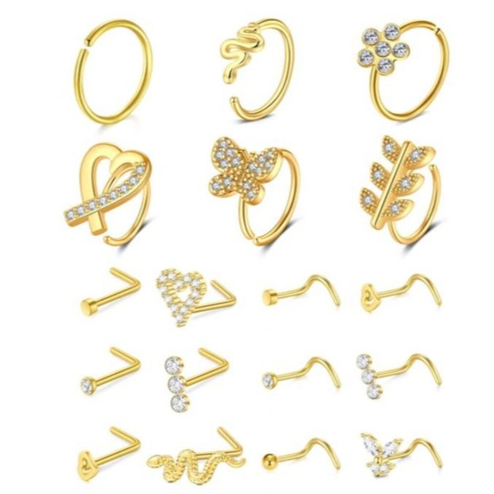 D.Bella Nose Rings Hoops 18pc Gold Tone 20G Studs New in Gift Pouch